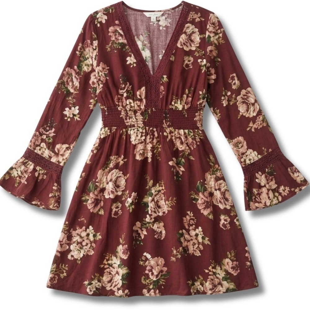 Xhilaration Boho Mini Dress Small Burgundy Floral Bell Sleeve V Neck Pockets NWT